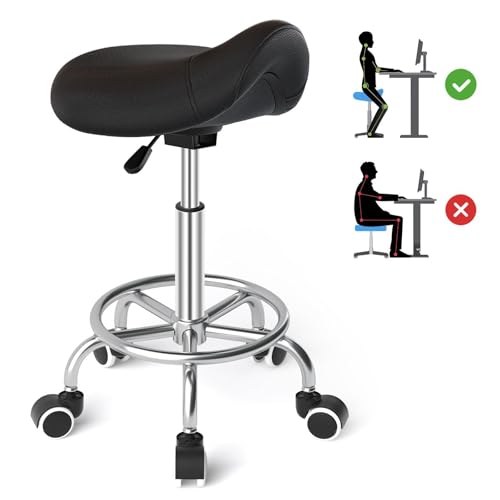 Sattelhocker Ergonomisch - Bequemer Sattelstuhl mit einem breiten Sattelsitzkissen, drehbarer, verstellbarer Sattelhocker mit Rollen und Ringpedal für Medizin,Massage, Salon,Büro und Zuhause (Schwarz)