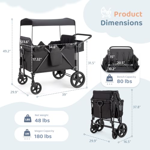 ZTDM Wagon for Kids, Wagon Stroller with 4 Raised High Seat, Removable Canopy, All Terrain Wheels, Foldable, Adjustable Push & Pull Handle, Storage Bag (Black) by ZTDM - Used condition - Image 8