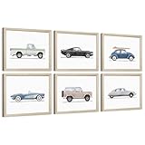 Blue Car Wall Art Decor Boys Room Wall Art Vintage Cars Canvas Poster Pictures Toddler Kids Room Prints Watercolor Vehicle Artwork Painting for Boys Bedroom Nursery 12x16 Inch Wood Framed Set of 6