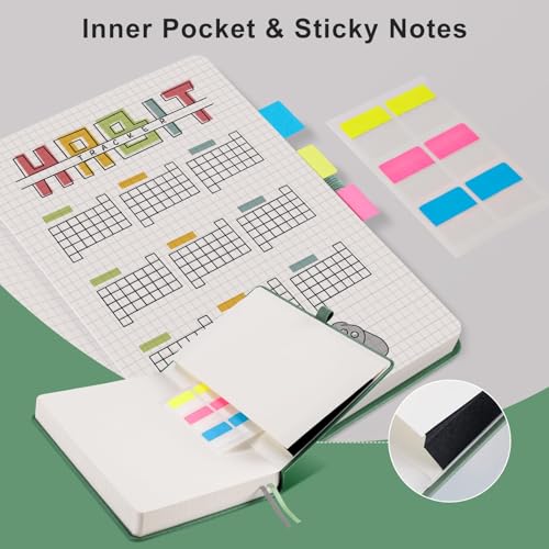 EMSHOI Caderno de papel quadriculado – 320 páginas, couro de capa dura A5, papel grosso de 100 g/m²,