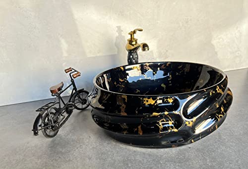 Image of Designer Glossy Finish Ceramic Art Table Top Wash Basin For Bathroom | Collapsible Countertop Washbasin (Black White Glossy Art, 16 x 13 x 6 Inch)