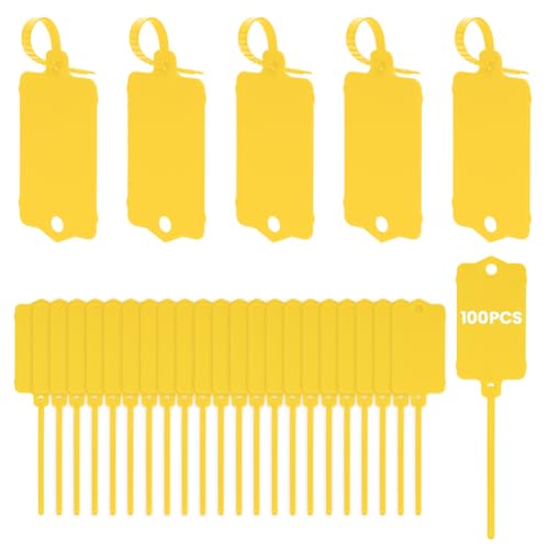 Flintronic 100 Stück Kunststoff-Versandetiketten, Strapazierfähige und Beschreibbare, Wiederverwendbar Versandanhänger, Wasserdichte versandetiketten für Ausrüstung, Autoteile, Zubehör, Teile(Gelb)