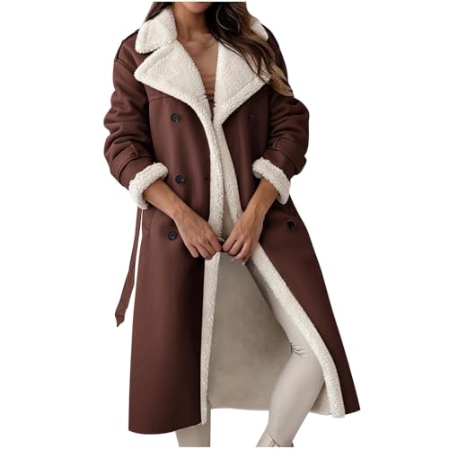 FUPODD Wintermantel Damen Lang Winterjacke Damen Warm Gefüttert Fleecejacke Zweireihiger Ledermantel Revers Mantel Frauen Winter Dicke Elegant Trenchcoat Mit Gürtel...