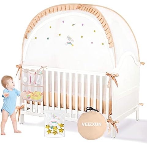 Baby Tent VEIZXUN,Crib Tent to Keep Baby from Climbing Out,Safety Crib Net Toddler Bed Tent with Starry Sky Pattern (Beige) Cover