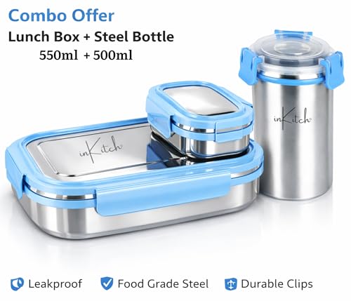 Image of Lunch Box for Kids with 500ml Steel Bottle with Cap, Leak Proof Stainless Steel Tiffin Box Set, Air Tight Food Grade Lunch Box 540ML + 90ML for School Kids Office College Picnic Travel