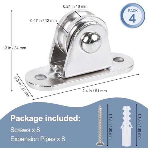 Small Pulley Block 1" Stainless Steel Mini Duplex Pulley Roller Frictionless Silent Wheel Heavy Duty Fixed Pulley Loading 176 lb for Rope Cable Cord Guide & Wall Ceiling Mount DIY Project - 4 Pack
