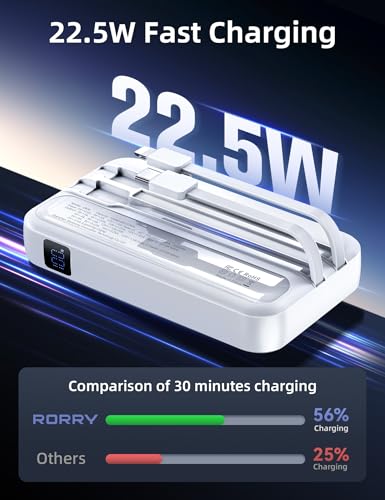 Image of RORRY Portable Charger w /Wall Plug 10000mAh Power Bank 22.5W Battery Pack | Built in Cables, Fast Charging, for iPhone, iPad, Samsung Galaxy, Pixel, LG, Travel Essential, Digital Display, Pocket Size