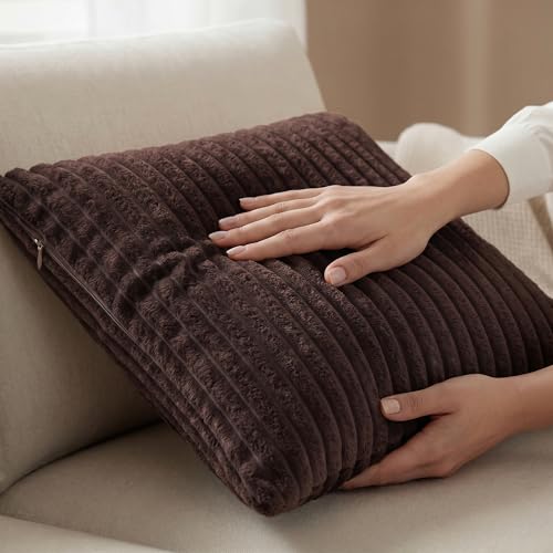 Image of Yellow Weaves Pencil-Stripe Fur Cushion Covers | Soft Polyester | Decorative Sofa & Throw Pillow Covers | 16x16 Inches, Pack of 5 (Coffee)
