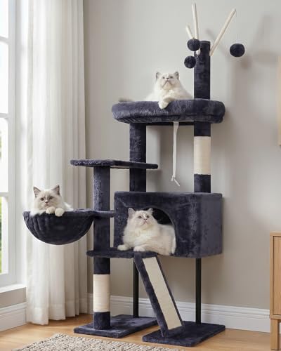 Image of Gitelsnour Cat Tree Tower for Indoor Cats, Top Platform with Toy, GCT006SG | 49.2 inch Cat Condo House, Sturdy Base, Scratching Post & Board, 3 Balls, Hanging Basket, Small Cats and Kittens, Drak Gray