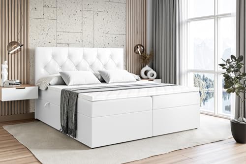 ALTDECOR Boxspringbett mit Matratze und Lattenrost, Boxbett, Topper, Polsterbett mit Bettkasten, Bett mit Stauraum H3-Matratze, Doppelbett, Springboxbett - Mirage - 160x200 Weiß Kunstleder
