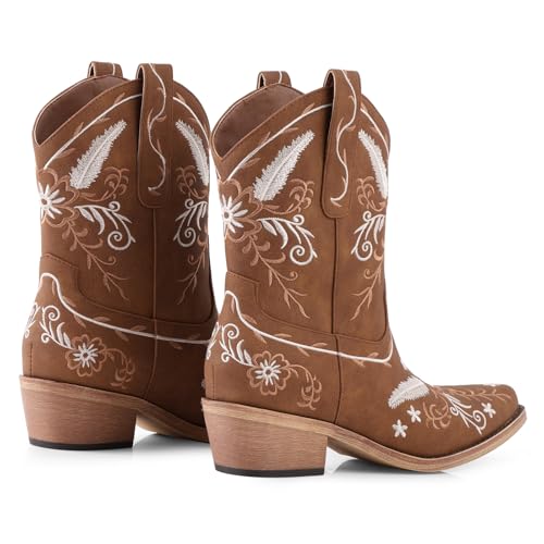 Image of LingxiaUne Cowboy Boots for Women Floral Cowgirl Boots with Pointed Toe and Chunky Heel Mid Calf Western Boot for Concert Festival Country Night Party