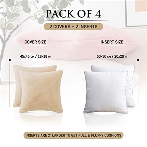 I9U Beige Cushions 45cm x 45cm with Covers Included SET OF 4 (2 Fur Cushion Covers + 2 Cushion Inners) Bed Cushions Sofa Cushions 18x18 Decor Pillows Luxury Super Soft Rabbit Faux Fur Fluffy Cushions