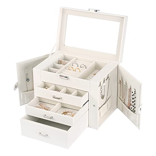 Dqutar Jewelry Box For Women 4-Layer Leather Large Jewelry Organizer Box With Drawers&Mirror For Necklace/Ring/Earring/Watch Storage (White) #TOP1