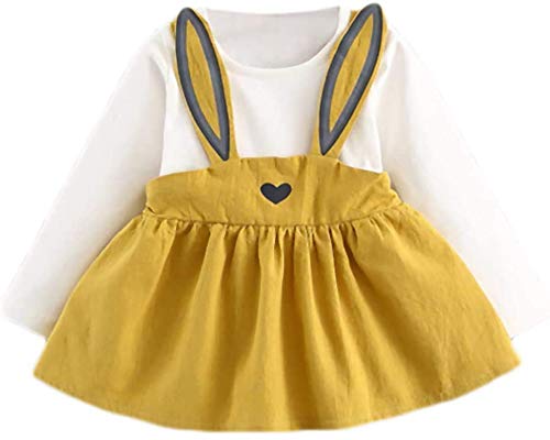 Newborn Baby Girls Dresses Fighting Rabbit Prints Fake Two Pieces Yellow Suspender Skirt Sets