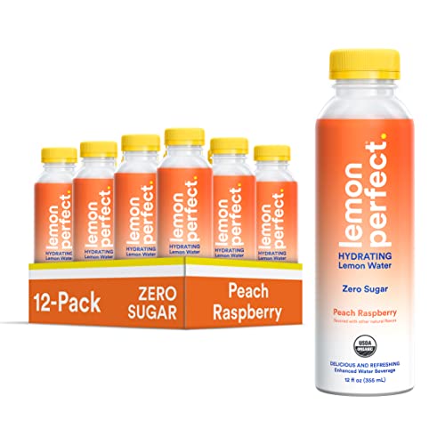 Lemon Perfect, Hydrating Organic Lemon Water, Zero Sugar, Flavored Water, Squeezed from Real Fruit, Plastic Neutral, No Artificial Ingredients, Peach Raspberry (12oz Bottles) 12pk
