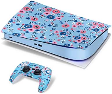 ZOOMHITSKINS Compatible with PS5 Skin Laydown Design, Blue Pink Flowers Cute Tiny, Bubble-Free, Compatible with PS5 W/Disk, Precisely Cut image 5
