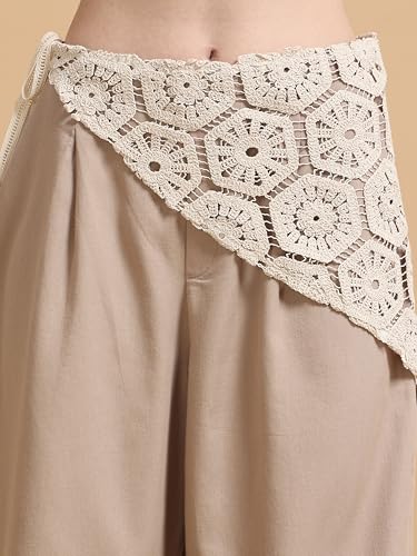 Image of Glam & Chique Women's 100% Cotton Wide Leg Trouser with Crochet Lace Waist & Drawstring-XS-2XL