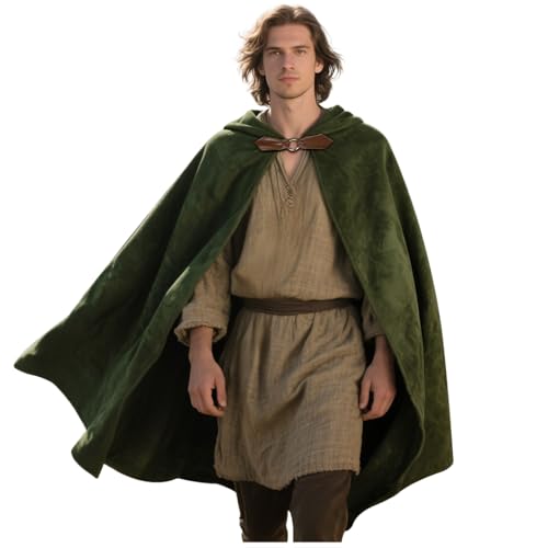keland Capa con Capucha de Terciopelo Capa Hobbit Medieval Halloween para Mujeres Hombres (Verde)