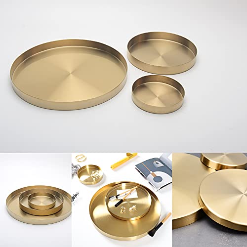 Gold Round Trays, Stainless Steel Metal Serving Tray, Home Decorative Bathroom Vanity Counter Top Organization Storage Tray For Jewelry/ Cosmetic/ Kitchen Tableware #TOP1