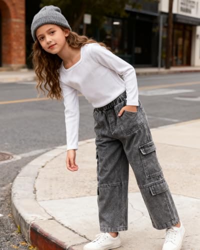 Image of Tween Girls Clothes 2 Piece Long Sleeve Top + Denim Cargo Pants, Teen Girls Fall Clothing Set, Sizes 5-12 Years