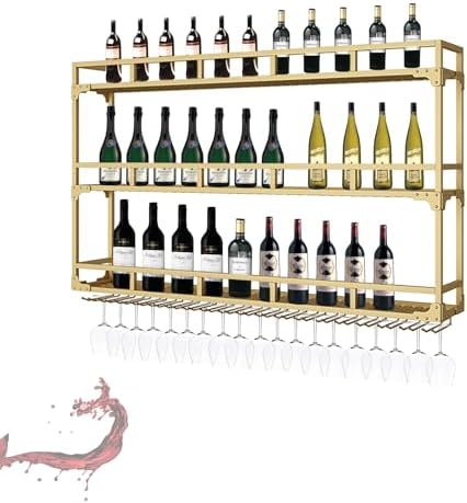 ZYYLIVR LED Wall Mounted Wine Rack - 3 Tier Metal Bar Shelf, Wine Glass Holder & Liquor Bottle Display, Stylish Stemware Goblet Organizer for Home Cellar (Black, 31.5x35.4in)