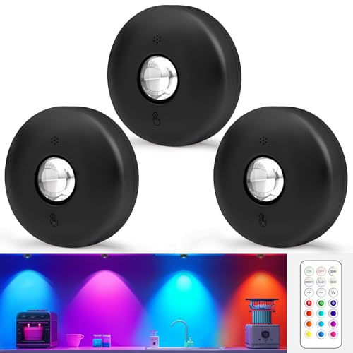 Aokpsrt LED Puck Lights with Remote Control, 13 Colors Battery Operated Tap Lights, Dimmer& Timer Magnetic Under Cabinet Light, Wireless Stick on Light for Closet, Bedroom, Kitchen Black 3Pcs