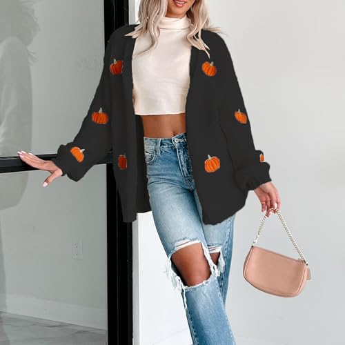 Women's Halloween Pumpkin Embroidery Open Front Cardigan Sweaters V Neck Casual Button Down Knit Coats3