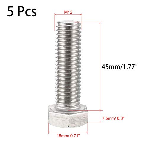 Image of 5 Pcs M12 Hex Bolt M12-1.75 x 45mm UNC Hex Head Screw Bolts A2-70(304) Stainless Steel Fully Threaded Hex Tap Bolts,Fully Threaded (M12 x 45mm)