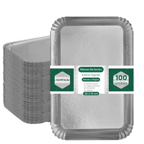 Plateau de Service en Carton Épais Argenté 28 × 19 cm – Lot de 100 Plateaux Traiteur Jetables Professionnels – Présentoir Apéritif Buffet – Plateau...