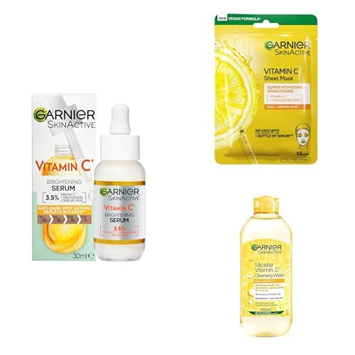 Garnier Vitamin C Brightening Serum 30ml, SkinActive Moisture Bomb Vitamin C Sheet Mask & Micellar Vitamin C Cleansing Water
