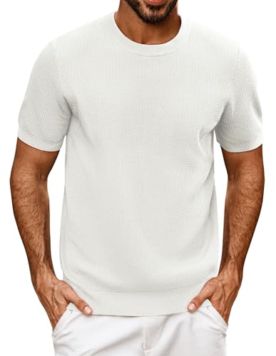 PJ PAUL JONES Herren Strick T-Shirt Kurzarm Regular Fit Strukturiert Tee Sommer T-Shirt mit Rundhalsausschnitt für Freizeit Golf (Weiß, M)