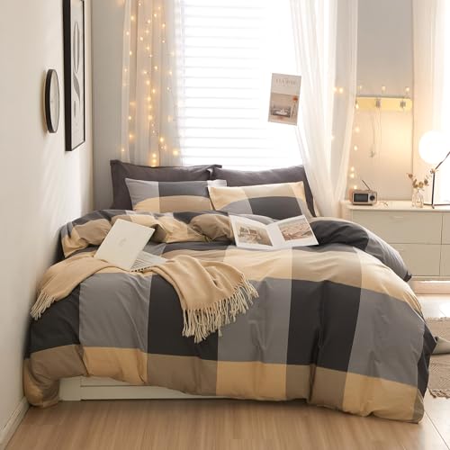 EAVD Beige Black Khaki Plaid Full Size Comforter Set Fluffy Soft Microfiber Chic Checked Plaid Bedding Set with 2 Pillowcases Modern Style Geometric Plaid Comforter Set for All-Season