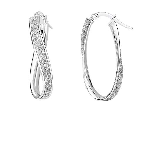 14K White Gold 3.75mm Shiny Twisted Oval Hoop Earrings with White Glitter and Hinged by IcedTime