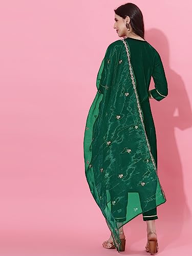 Image of SIRIL Women's Velvet Embroidery Straight Kurta Pant with Dupatta