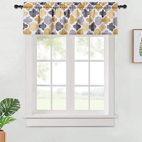 Haperlare Quatrefoil Pattern Valance Curtains for Kitchen Cafe Curtains, Tile Print Bathroom Window Curtains, Multi Color Window Treatment, 56" x 15", Yellow/Grey