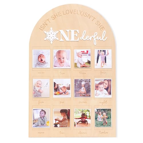 Snowflake First Birthday Photo Board - Personalized 'Winter Onederland' Milestone Board for Boys & Girls, 1st Birthday Party Decor, Wooden Picture Display with 12 Months Baby Memories