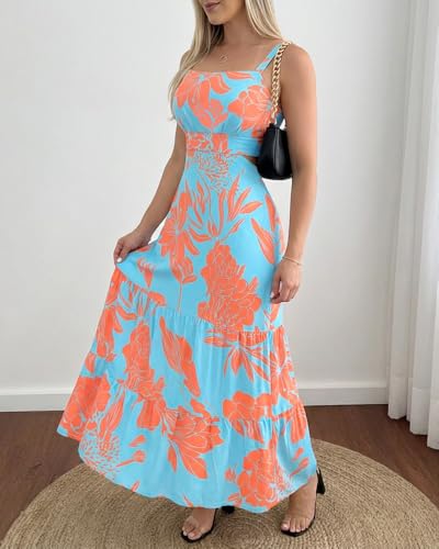 Image of CHICME Summer Dresses for Women 2026 Sleeveless Casual Boho Maxi Dress Square Neck Cut Out Floral A Line Dress