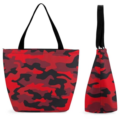 Sac à main camouflage rouge pour femme grand sac de shopping et voyage 28.5x18x32.5cm