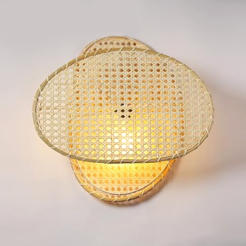 Image of Habere India-All the Cultures Fabricating India Wall Lamp for Living Room | Decor Lights | Lamps for Bedroom | Lamp for Wall | Cane Webbing Lights - Oval (M: 45 * 46 * 12 cm)