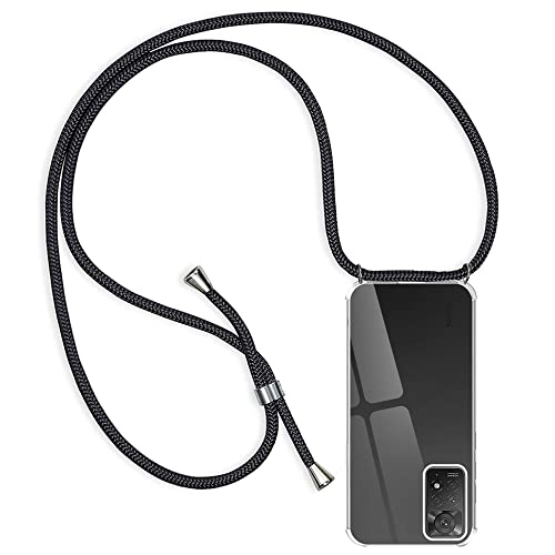 E-Lush EU Funda con Cuerda Compatible con Xiaomi Redmi Note 11 Pro 5G/ 4G, Transparente Silicona Carcasa con Colgante para Redmi Note 11 Pro, Suave TPU Gel Protector Case con Correa Collar Negro Cover