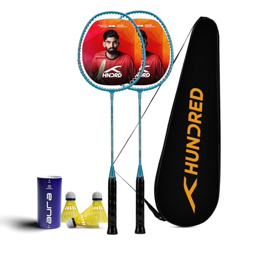 Image of Hundred Powertek 200 Aluminium Badminton Racket Combo, 2 Strung Rackets with 1 Full Cover & 3 Aura Nylon Shuttlecocks, Lightweight Shuttle Bats for Match Play