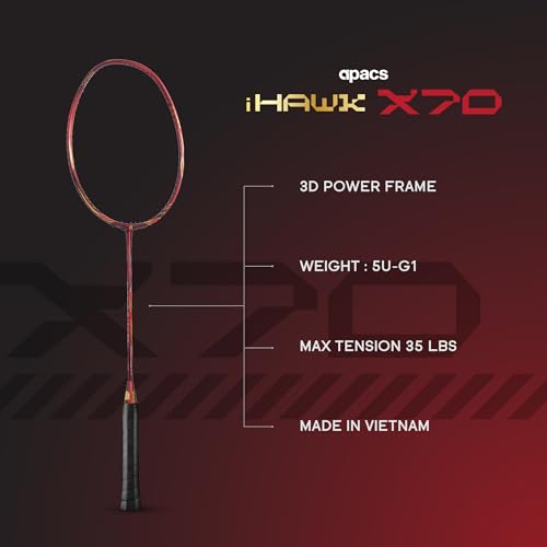 Image of Apacs iHawk X70 (Unstrung) Full Graphite Ultra Strong Carbon Fibre (75-79g) | 35 LBS Max Tension | 3D Power Frame | Made in Vietnam Badminton Racket with Full Cover (Maroon) (All Rounder)