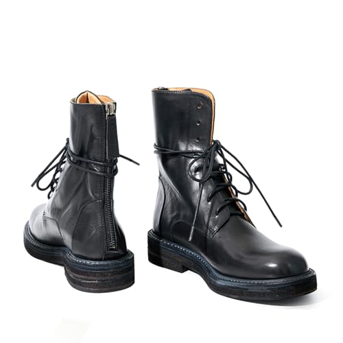 LEMUTISME Women's Trendy Polished Matte/Suede Thick Sole Round Toe Casual Lace Up Flat Chelsea Ankle Booties Shoes3