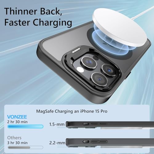 Image of VONZEE Clear Camera Kickstand Case for iPhone 15 Pro, Built-in Adjustable Camera Stand, Clear Magnetic Mag-Safe Shockproof Classic Series Phone Cover (Black)