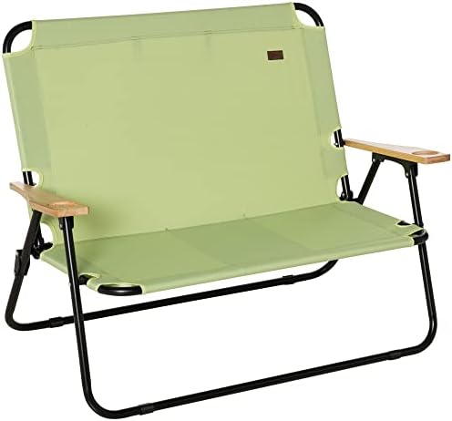 Outsunny Double Folding Camping Chair, Loveseat for 2 Adults, Portable Camping Couch with Wood Armrest & Cupholders, for Backpacking, Beach, Sports Travel, Green