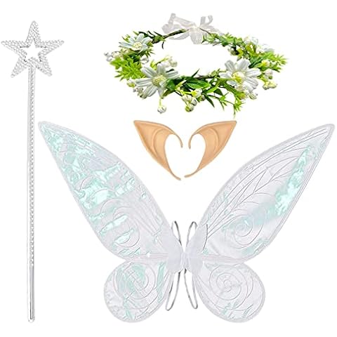 MIVAIUN Fairy Wings Butterfly Elf Dress up Set Fairy Angel Princess Costume Fairy Wings Fairy Wand Crown Ears for Bride Flower Boy Accessories Theme Parties Photo Shoots for Women Girls (White) Cover