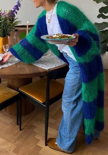 LETSVDO Women's Color Block Long Cardigan Open Front Oversized Striped Knit Slouchy Duster Chunky Sweater Coat3