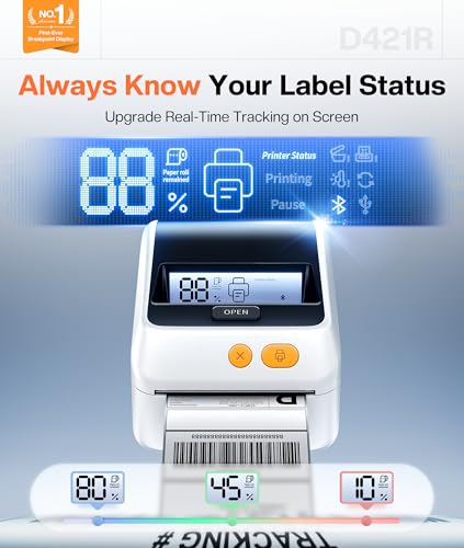 Image of Phomemo D421R Bluetooth Thermal Label Printer with Screen for Paper Level Display - Shipping Label Printer for Small Business, RFID Auto Size Detection 4x6 Thermal Printer with Segmented Code Screen
