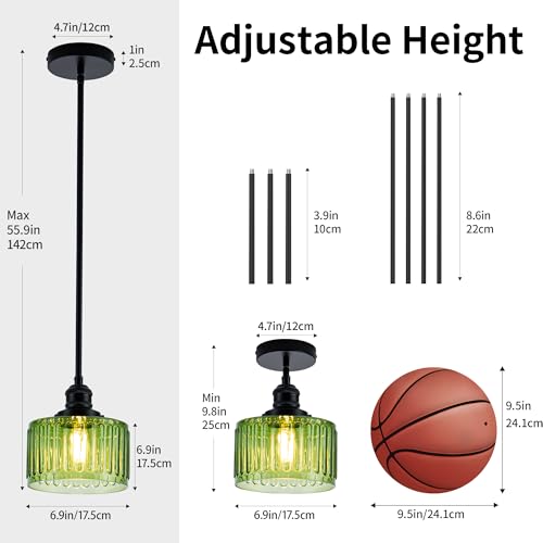 Image of MAYNA 1 Pack Modern Pendant Light with Green Striped Glass Lmapshade, Black Vintage Pendant Light, Adjustable Hanging Light for Kitchen Island Dining Room Hallway(Bulb Included)