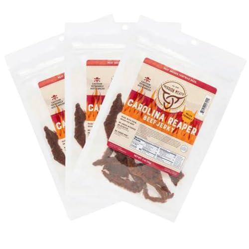 Mission Meats Carolina Reaper Jerky from 100% Grass Fed & Pasture Raised Beef, Caution: Extremely Spicy, Small Batch Hand Crafted, Gluten Free, 2oz (Pack of 3)